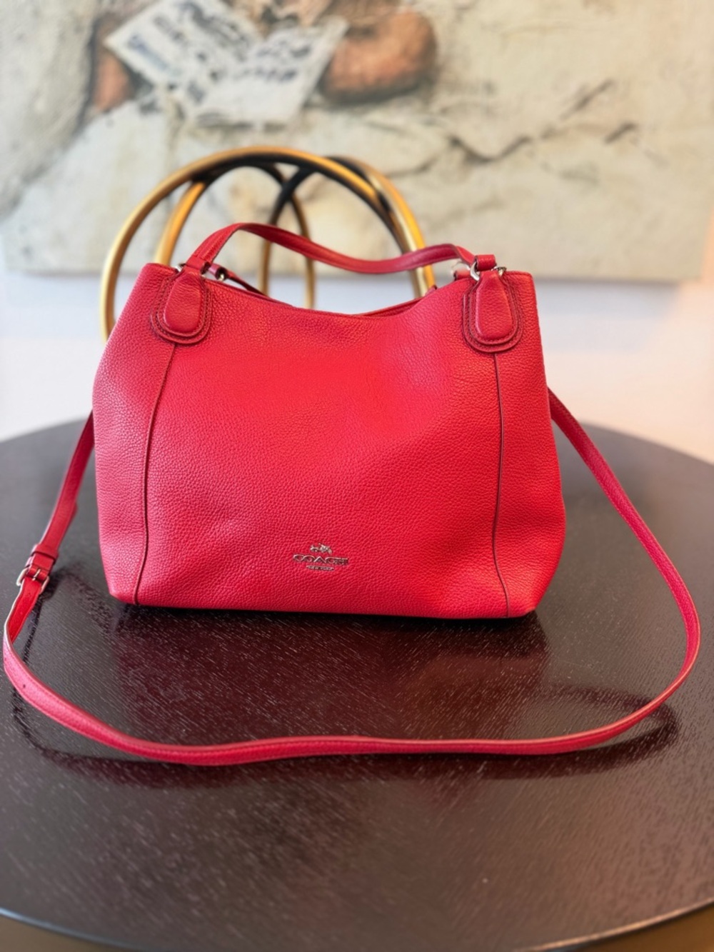 Coach Red Pebbled Leather Shoulder Bag with Crossbody Strap